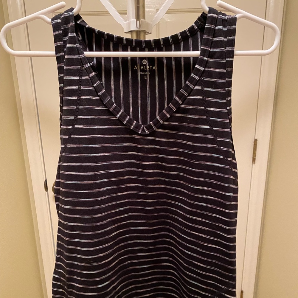 Athleta tank top, black with stripes, size L. Shipping discount!
